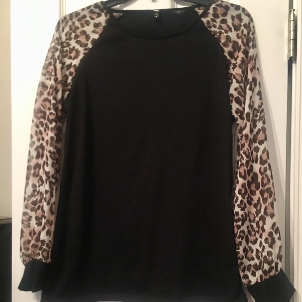 LS Black Top with sheer leopard print sleeves